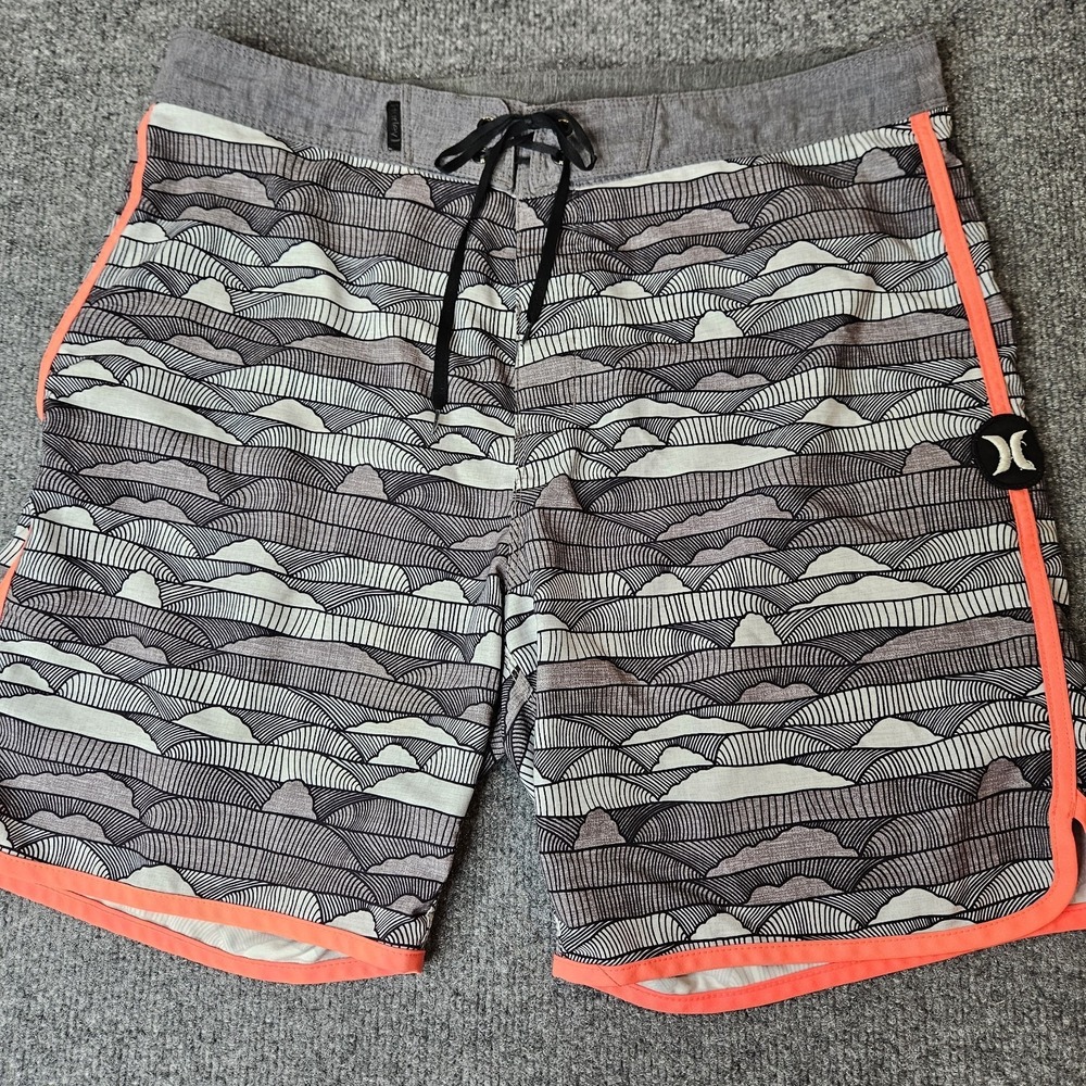Hurley Mens Boardshorts Gray Size 32 Abstract Wave Print Orange Trim